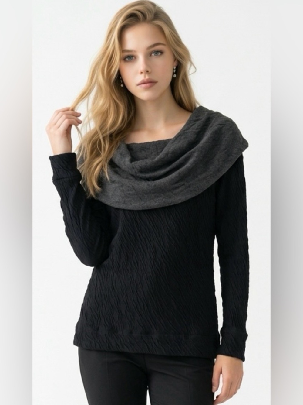 Anthropologie Bordeaux Top S Textured Crinkle Knit Draped Cowl Neck Black Gray 6